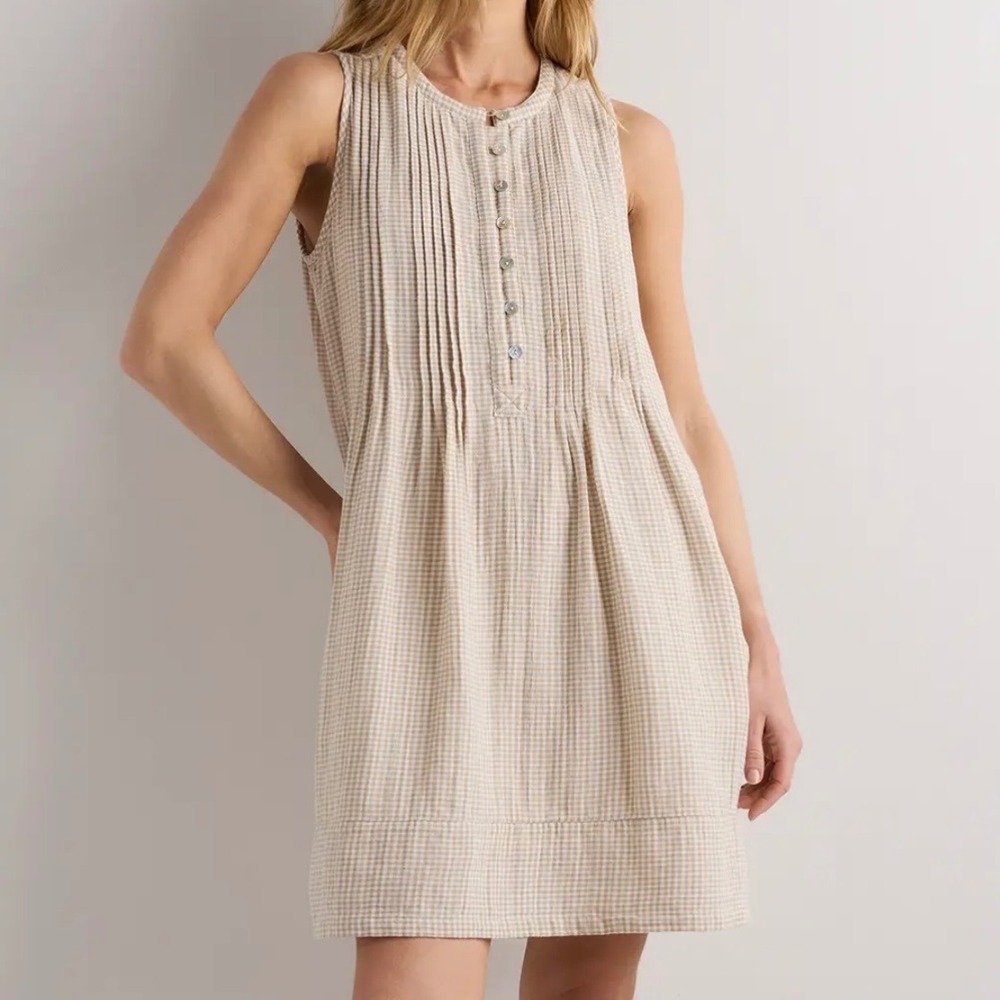 Quince Organic Cotton Gauze Sleeveless Swing Dress Gingham Khaki Large NWT